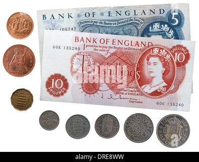 Pre decimal 10 Shillings and 5 Pounds banknotes and coins, UK, 1960s Stock Photo