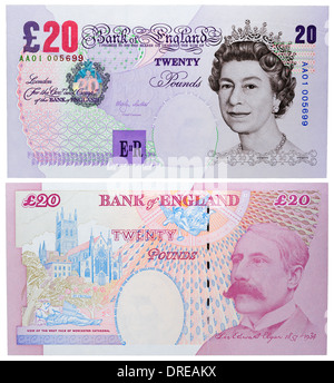 20 Pounds banknote, Queen Elizabeth II and Sir Edward Elgar, UK, 1999 Stock Photo