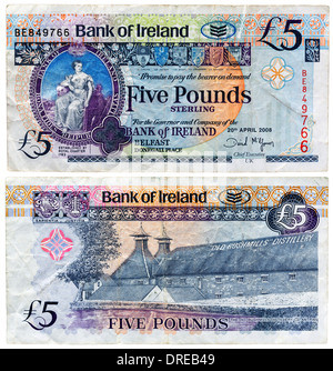 5 Pounds banknote, Hibernia seated and Old Bushmills Distillery, Northern Ireland, 2008 Stock Photo