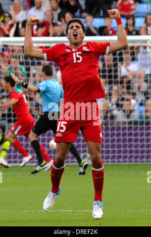 Nestor Vidrio celebrates Mexico's opening goal   The Olympic Football Men's Preliminary game between Gabon and Mexico held at the City of Coventry Stadium  Coventry, England - 29.07.12 Stock Photo