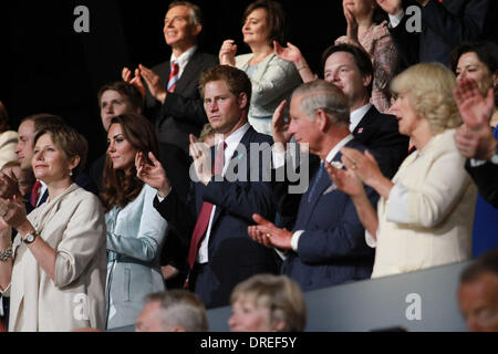 Catherine, Duchess of Cambridge, Prince Harry, Prince Charles, Prince of Wales and Duchess of Cornwall,  during the opening ceremony of the London 2012 Olympic Games at the Olympic stadium London, England - 27.07.12 Stock Photo
