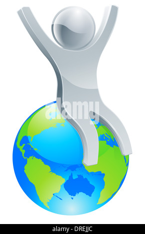 Person on top of world concept. A successful happy man on top of a globe with hands up in happiness. Stock Photo