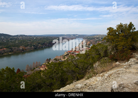 View of the Colorado River from Mount Bonnell in Austin, Texas Stock Photo