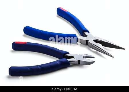 Wire cutting and flat-nose pliers isolated on white background Stock Photo