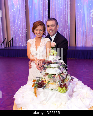 couple cutting the cake at the reception Stock Photo