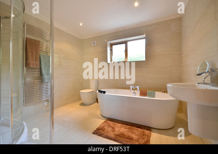 Modern Bathroom with contemporary bath, toilet and sink Stock Photo