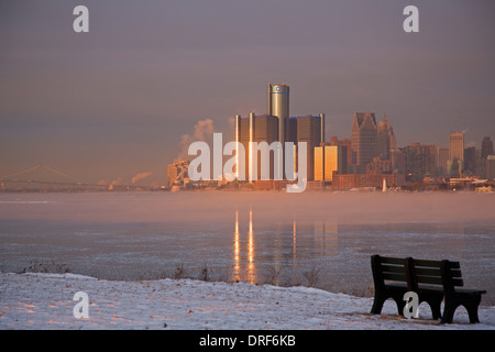 Detroit, Michigan - Downtown Detroit and the icy Detroit River, from Belle Isle, a city park in the middle of the river. Stock Photo