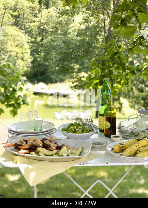 Maryland USA buffet table set up in garden Salads buffet Stock Photo