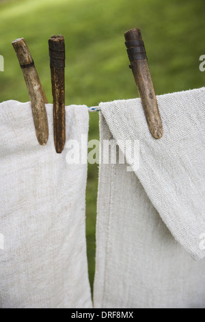 Maryland USA washing line with household linens hung out Stock Photo