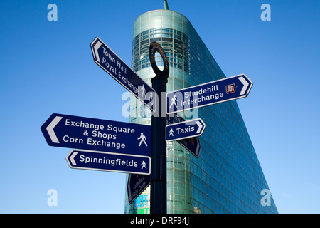 Street sign with different destinations. Locations & destinations near the Urbis Exhibition Football Museum venue in Manchester, England, UK, Europe, Stock Photo