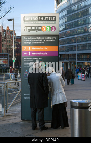 Station Approach  Signs for Metro Shuttle Buses,  destinations, routes and locations at Piccadilly, Manchester, UK, Europe, EU Stock Photo