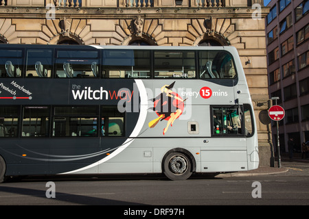 Volvo Wright Gemini ‘Witch Way’ buses. Chorlton Street Bus Station route X43, between Manchester and Nelson, England, UK, Stock Photo