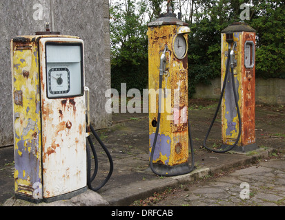 Retro petrol pumps in the village of Steeple Ashton in Wiltshire, UK Stock Photo