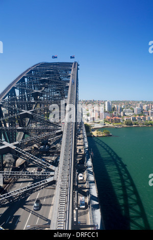 Sydney Harbour Bridge from Pylon Lookout with Bridgeclimb climbers and view over North Sydney Sydney New South Wales Australia Stock Photo