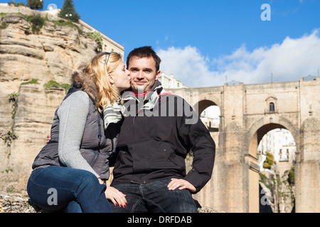 Portrait of couple in love enjoying sunny autumn day in Ronda, Andalusia, Spain. Stock Photo