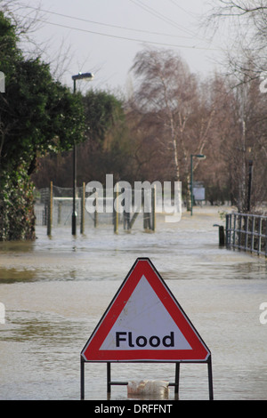 Flooded road and car park in  Tewkesbury town centre after persistent heavy rain in the Gloucestershire town, UK Stock Photo