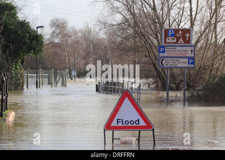 Flooded road and car park in  Tewkesbury town centre after persistent heavy rain in the Gloucestershire town, UK Stock Photo