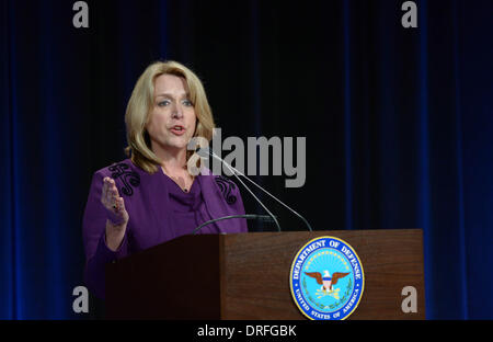 Washington DC, USA. 24th Jan, 2014. U.S. new Air Force Secretary Deborah Lee James speaks during her swearing-in ceremony at the Pentagon in Washington DC Jan. 24, 2014. Credit:  Yin Bogu/Xinhua/Alamy Live News Stock Photo