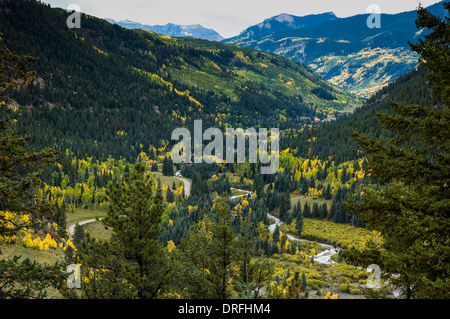 Autumn color in the San Miguel River valley, Colorado 145, San Juan Skyway Scenic Byway, Colorado. Stock Photo