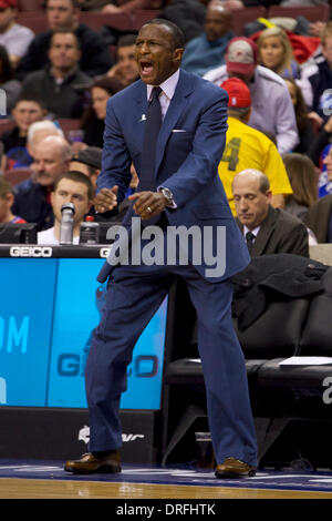 Philadelphia, Pennsylvania, USA. 24th Jan, 2014. Toronto Raptors head coach Dwane Casey reacts on the sidelines during the NBA game between the Toronto Raptors and the Philadelphia 76ers at the Wells Fargo Center in Philadelphia, Pennsylvania. The Raptors win 104-95. Christopher Szagola/Cal Sport Media/Alamy Live News Stock Photo