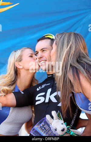 Willunga, South Australia, Australia, 25 January 2014. Richie PORTE (AUS) from Team Sky is congratulated after winning stage 5 of the Tour Down Under in Willunga. Credit:  Boris Karpinski/Alamy Live News Stock Photo