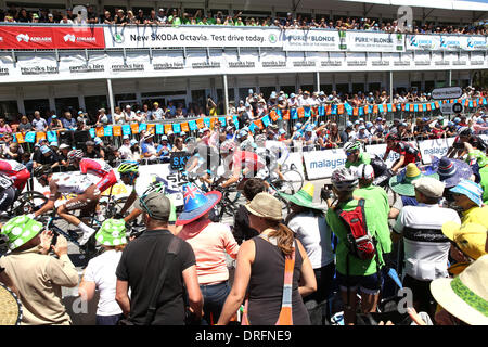 Willunga, South Australia, Australia, 25 January 2014. Riders passing the King of the Mountain finish on the first circuit of stage 5 of the Tour Down Under in Willunga. Credit:  Boris Karpinski/Alamy Live News Stock Photo