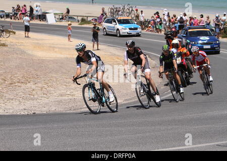 Willunga, Australia. 25th January 2014.  The breakaway group of Matteo Trentin (Omega Pharma-Quick Step), Jens Voigt (Trek Factory Racing) Jose Lobato (Movistar) and Mikhail Ignatyev (Katusha) on the Esplanade near Aldinga Beach had a lead of eight minutes on the peleton after 5okm of racing in Stage 5 of the Santos Tour Down Under 2014 from McLaren Vale to Willunga, South Australia on 25 January 2014 Credit:  Peter Mundy/Alamy Live News Stock Photo