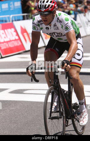 Willunga, Australia. 25th January 2014. Adam Hansen (Aus) Lotto Belisol retained the King of the Mountain jersey after Stage 5 of the Santos Tour Down Under 2014 from McLaren Vale to Willunga, South Australia on 25  January 2014 Credit:  Peter Mundy/Alamy Live News Stock Photo