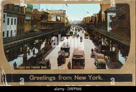 Vintage postcard depicting the Bowery with its Third avenue El, New York, USA, circa 1906. Stock Photo