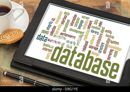 database word cloud on a digital tablet with a cup of coffee Stock Photo
