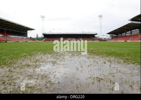 Wrexham, Wales, UK. 25th January 2014. The Skrill Conference Premier fixture between Wrexham and Grimsby Town on Saturday 25th January 2014 was postponed due to a waterlogged pitch. Credit:  Russell Hart/Alamy Live News Stock Photo
