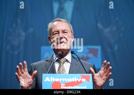 Former president of the Federation of German Industries (BDI), Hans-Olaf Henkel, speaks at the federal party conference of the AfD (Alternative for Germany) in Aschaffenburg, Germany, 25 Janaury 2014. The euro-sceptic party met to choose candidates for the European Parliament elections due to take place 25 May. Photo: DAVID EBENER/dpa Stock Photo