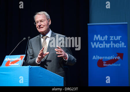 Former president of the Federation of German Industries (BDI), Hans-Olaf Henkel, speaks at the federal party conference of the AfD (Alternative for Germany) in Aschaffenburg, Germany, 25 Janaury 2014. The euro-sceptic party met to choose candidates for the European Parliament elections due to take place 25 May. Photo: DAVID EBENER/dpa Stock Photo