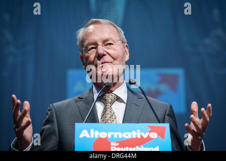 Former president of the Federation of German Industries (BDI), Hans-Olaf Henkel, speaks at the federal party conference of the AfD (Alternative for Germany) in Aschaffenburg, Germany, 25 Janaury 2014. The euro-sceptic party met to choose candidates for the European Parliament elections due to take place 25 May. Photo: DAVID EBENER/dpa Stock Photo