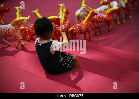 Jan. 25, 2014 - Kuala Lumpur, Malaysia - A child entertains herself amidst Chinese Lunar New Year decorations in a shopping mall outside Kuala Lumpur, Malaysia, Saturday, January 25, 2014. This year's Chinese Lunar New Year falls on January 31st. (Credit Image: © Joshua Paul/NurPhoto/ZUMAPRESS.com) Stock Photo