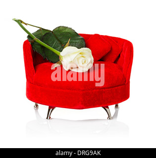 Red sofa, couch with white rose close-up isolated Stock Photo