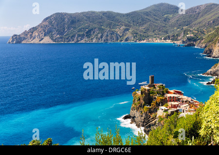 High Angle View of the Cinque Terre Coast at Vernazza, Liguria, Italy Stock Photo
