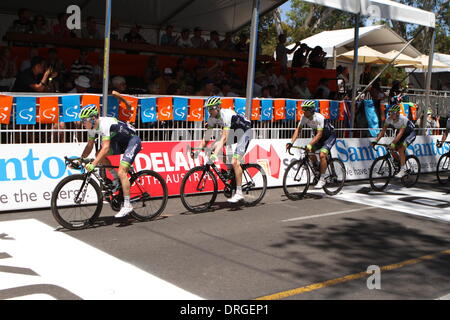 Adelaide, Australia. 26th Jan, 2014. Team Orica Geenedge lead the peleton in Stage 6 of the Santos Tour Down Under 2014 Adelaide Street Circuit, South Australia on 26 January 2014 Credit:  Action Plus Sports/Alamy Live News Stock Photo
