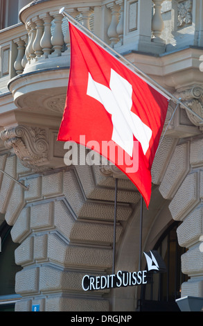 Main entrance of Credit Suisse, Switzerland's second largest bank at the company's headquarters at Zurich Paradeplatz. Stock Photo