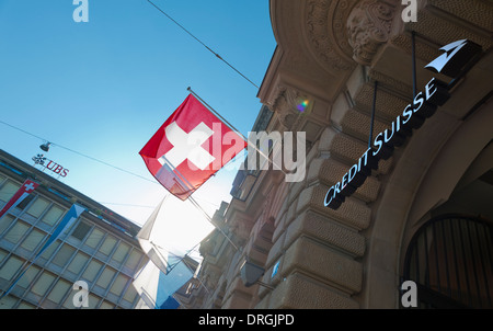 Company headquarters of Switzerland's two largest banks UBS (background) and Credit Suisse at Zurich, Switzerland, Paradeplatz. Stock Photo