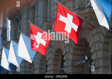 Main entrance of Credit Suisse, Switzerland's second largest bank at the company's headquarters at Zurich Paradeplatz. Stock Photo
