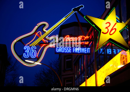 Neon signs at Musik-Club Grosse Freiheit 36, red light district Reeperbahn, St. Pauli, Hamburg, Germany, Europe Stock Photo