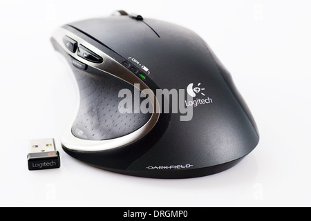 CANADA, QUEBEC, JANUARY, 6, 2014: Ergonomic, Logitech wireless mouse with USB receiver. Stock Photo