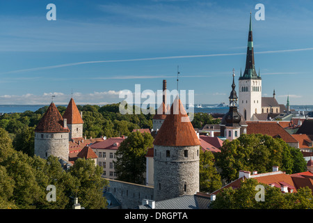View of Tallinn Skyline, St. Olaf's Church and Cruise Ship dock in the distance from the upper Old Town wall, Tallinn, Estonia Stock Photo