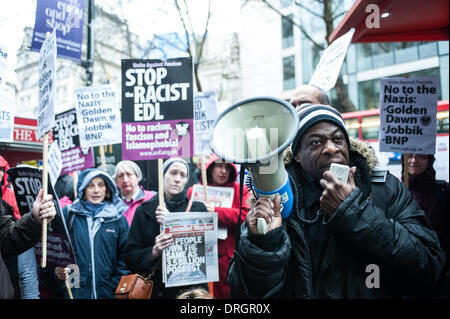 London, UK. 26th Jan, 2014. Anti-fascist activists protest against Far-Right Hungarian demonstrators in Holborn as Gabor Vona, leader of the Jobbik Party, accused of fuelling anti-semitic and anti-Jewish and Roma hatred, stages an event in Holborn. Credit:  Piero Cruciatti/Alamy Live News Stock Photo