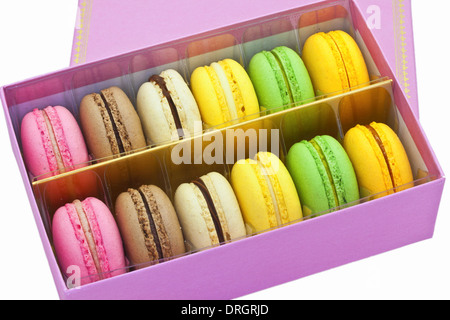 Multicoloured macaroon biscuits in pink box. Stock Photo