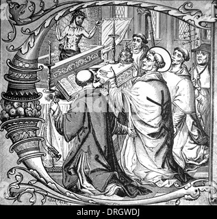 The Mass of St Gregory; A legend of a vision of Christ to St. Gregory at the Holy Communion. Initial letter from a MS., c. 1500. Stock Photo
