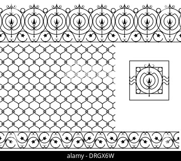 Seamless patterns set for wrought iron railing, grating, lattice, gates, fence. Black silhouette Stock Photo