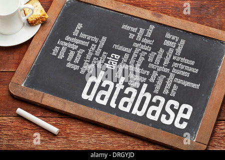 database word cloud on a vintage slate blackboard with a chalk and cup of coffee Stock Photo