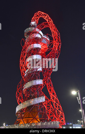 Orbit tower observation platform built for london 2012 olympic games night floodlit view during Paralympic Games Stratford Newham London England UK Stock Photo